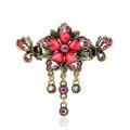 Vintage Sparkly Crystal Flower Gold Plated Metal Hair Barrette Clip Hair Accessory - Red