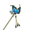 Retro Butterfly Tassel Crystal Rhinestone Hairpin Hair Clasp Clip Fork Stick - Blue