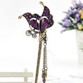 Retro Butterfly Tassel Crystal Rhinestone Hairpin Hair Clasp Clip Fork Stick - Purple