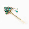 Retro Flower Tassel Rhinestone Crystal Hairpin Hair Clasp Clip Fork Stick - Green