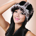 Autumn and winter Women's Knitted Rex Rabbit Fur Hats beret hat Stripe Warm Caps - Brown Black