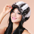 Autumn and winter Women's Knitted Rex Rabbit Fur Hats beret hat Stripe Warm Caps - Brown White
