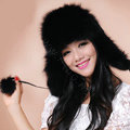 Fashion Women Fox Fur Hats Winter Warm Whole Leather Ear protector Caps - Black
