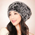 Women Knitted Rex Rabbit Fur Hats Thicker Winter Fur Ball Handmade Warm Caps - Black Grey