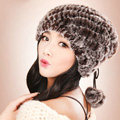 Women Knitted Rex Rabbit Fur Hats Thicker Winter Fur Ball Handmade Warm Caps - Brown