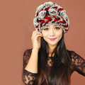Women Knitted Rex Rabbit Fur Hats Thicker Winter Handmade Flower Warm Caps - Black Red