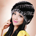 Women Knitted Rex Rabbit Fur Hats Thicker Winter Handmade Thermal Twill Caps - Black Grey