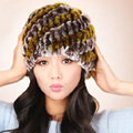 Women Knitted Rex Rabbit Fur Hats Thicker Winter Handmade Thermal Twill Caps - Brown Yellow