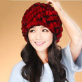 Women Knitted Rex Rabbit Fur Hats Thicker Winter Handmade Thermal Twill Caps - Red