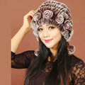Women Knitted Rex Rabbit Fur Hats Thicker Winter Warm Ear protector Caps - Brown