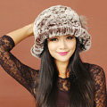 Women Knitted Rex Rabbit Fur Hats Thicker Winter Warm Flower Ear protector Caps - Brown