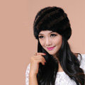 Women Mink hair Fur Hat Winter Thicker Warm Handmade Knitted Twill Caps - Black Brown