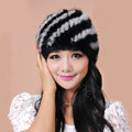 Women Mink hair Fur Hat Winter Thicker Warm Handmade Knitted Twill Caps - Black Grey