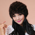 Women Mink hair Fur Hat Winter Thicker Warm Handmade Knitted Twill Caps - Coffee