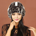 Women Rex Rabbit Fur Hats Knitted Thicker Winter Warm Flower lace Caps - Black