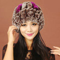 Women Rex Rabbit Fur Hats Knitted Thicker Winter Warm Flower lace Caps - Brown Purple