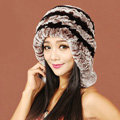 Women Rex Rabbit Fur Hats Knitted Thicker Winter Warm fur ball Ear protector Caps - Black