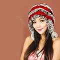 Women Rex Rabbit Fur Hats Knitted Thicker Winter Warm fur ball Ear protector Caps - Red