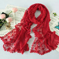 High end fashion embroidery flower lace silk long scarf shawl women wrap scarves - Red