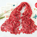 High end fashion embroidery flower lace silk scarf shawl women hollow wrap scarves - Red
