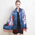 Luxury women autumn and winter warm long 100% mulberry silk flower print scarf shawl wrap - Dark blue