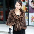 Winter Women's Genuine Knitting Mink Fur Shawls Warm Wraps Female Slim Poncho - Brown