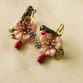 Luxury fashion women flower Bird crystal diamond earrings 18k gold plated - Pink