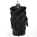 Winter Women's Genuine Knitting Rabbit Fur Shawls Warm Triangle Tassel Wraps Poncho - Black