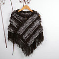 Winter Women's Genuine Knitting Rabbit Fur Shawls Warm Triangle Tassel Wraps Poncho - Coffee