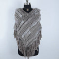 Winter Women's Genuine Knitting Rabbit Fur Shawls Warm Triangle Tassel Wraps Poncho - Grey