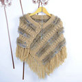 Winter Women's Genuine Knitting Rabbit Fur Shawls Warm Triangle Tassel Wraps Poncho - Yellow