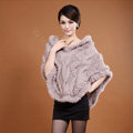 Women's Genuine Knitted Twisted Rabbit Fur Poncho Winter Warm Wraps Hooded Shawls - Khaki