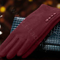 Allfond women touch screen gloves stretch cotton button winter warm solid color gloves - Dark red