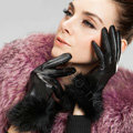 Allfond women winter warm waterproof cold-proof rex rabbit fur genuine goatskin leather gloves M - Black