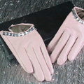 Fashion Women Crystal Genuine Leather Sheepskin Half Palm Short Gloves Size M - Pink