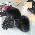 Fashion women winter warm thick fox fur cuff genuine sheepskin leather Gloves size L - Black