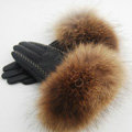 Fashion women winter warm thick raccoon fur cuff genuine sheepskin leather Gloves size L - Black