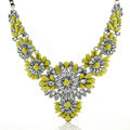 Luxury Crystal Flower Wings Pendants Chokers Statement Bib Necklace Women Jewelry - Yellow