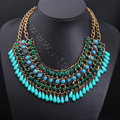 Luxury Exaggeration Retro Weave Women Choker Gem Tassel Bib Necklace Jewelry - Blue