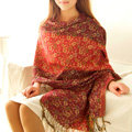 Classic Autumn and Winter Cape Tassels Floral Print Shawl National Style Warm Long Scarf - Red