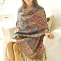 Classic Autumn and Winter Cape Tassels Flower Print Shawl National Style Warm Long Scarf - Blue