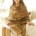 Classic Autumn and Winter Cape Tassels Flower Print Shawl National Style Warm Long Scarf - Green