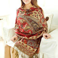 Classic Autumn and Winter Cape Tassels Flower Print Shawl National Style Warm Long Scarf - Red