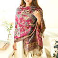 Classic Autumn and Winter Cape Tassels Flower Print Shawl National Style Warm Long Scarf - Rose