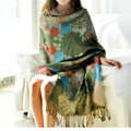 Hot sell Autumn and Winter Cape Tassels Flower Print Shawl National Style Warm Long Scarf - Green