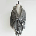 Genuine Wool Shawls Fox fur Thicken Scarf Women Winter Warm Solid Color Pashmina Poncho - Gray