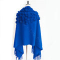 Genuine Wool Shawls Rabbit Fur Ball Thicken Scarf Women Winter Warm Solid Color Pashmina Cape - Blue