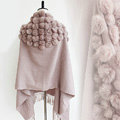 Genuine Wool Shawls Rabbit Fur Ball Thicken Scarf Women Winter Warm Solid Color Pashmina Cape - Light Pink