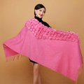 Genuine Wool Shawls Rabbit Fur Ball Thicken Scarf Women Winter Warm Solid Color Pashmina Cape - Rose Pink
