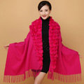 Genuine Wool Shawls Rabbit Fur Ball Thicken Scarf Women Winter Warm Solid Color Pashmina Cape - Rose